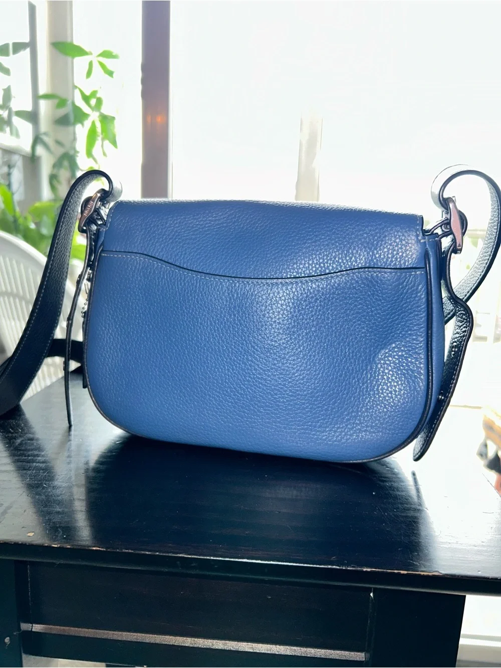 Coach Blue Pebbled Leather Saddle Crossbody with Black Strap